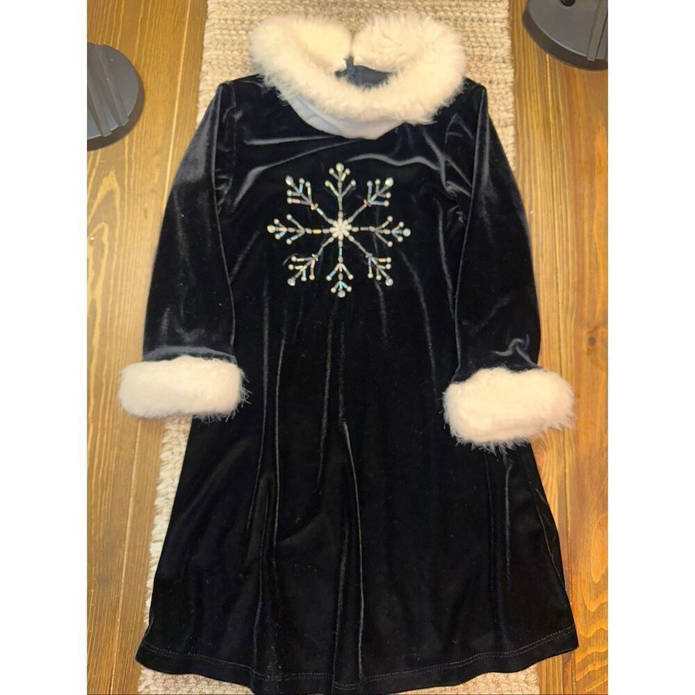 Bonnie Jean Girls Black Velvet Holiday Dress Snowflake Faux Fur Collar size 4